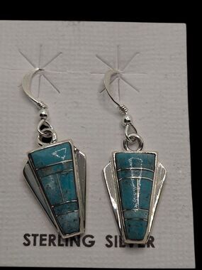 Southwest Sterling Silver Blue Turquoise Geometric Inlay Dangles